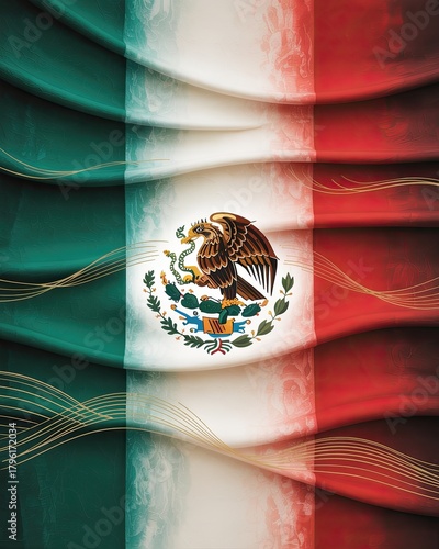 Vibrant Mexican Flag with Artistic Wavy Texture and Golden Accents Symbolizing Patriotism and National Pride