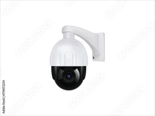 security camera with white dome and black lens mounted on white bracket against white background