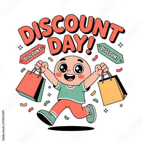 Cheerful cartoon boy celebrates discount day with shopping bags and joy