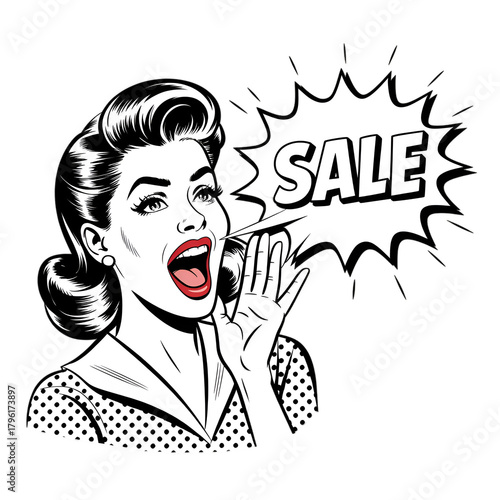 A surprised woman enthusiastically announces a big sale with a vibrant expression