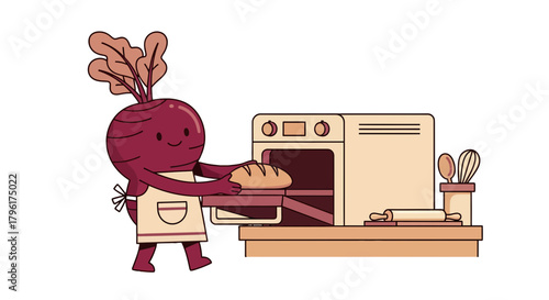 A Cheerful Beetroot Baker Is Baking Fresh Bread In The Oven For A Happy Meal