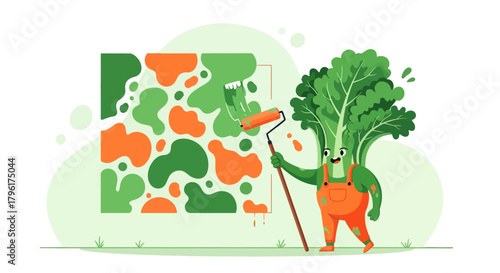 A Cheerful Vegetable Person Painting Abstract Art with a Paint Roller Cartoon