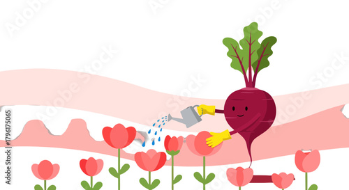 A Cheerful Beetroot Character Watering Flowers, Blooming Growth and Cultivation