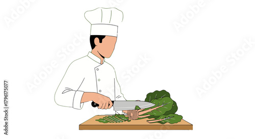 A Chef Expertly Chopping Fresh Greens for Culinary Creation on A Wooden Surface
