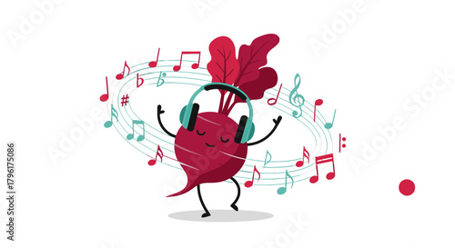A Cheerful Beetroot Grooves To Music With Headphones And Dancing Notes