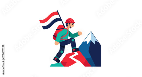 A Climber Ascends a Mountain With a Flag, Symbolizing Triumph and Perseverance