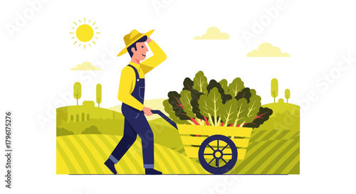 A Cheerful Farmer Harvesting Vegetables On A Sunny Day And Farming Scene