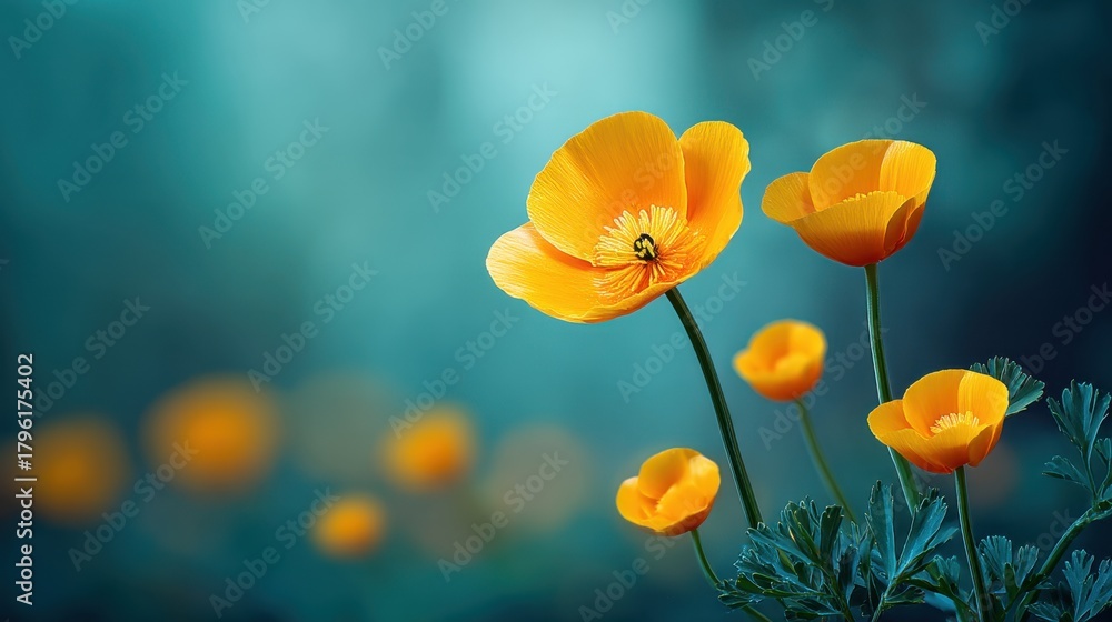 Obraz premium Bright orange poppies in a tranquil blue background, showcasing the delicate petals and intricate details of nature's beauty in a serene setting