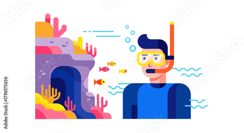 diver snorkeling near colorful coral reef clip art preview
