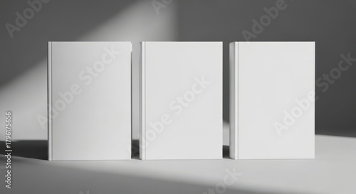 Book cover mockup three blank pages shadow light studio