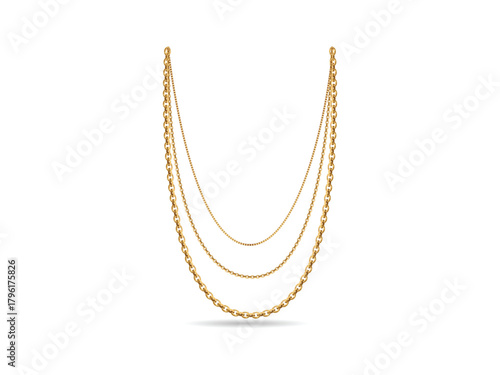 layered gold chain necklace with varying chain styles hanging on white background studio shot
