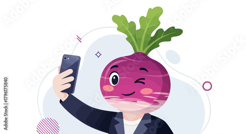 A Cheerful Radish Takes a Selfie with Winking Expression and Smiling Face