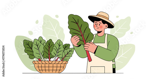 A Farmer Proudly Displays Fresh Greens In A Wicker Basket With Enthusiasm