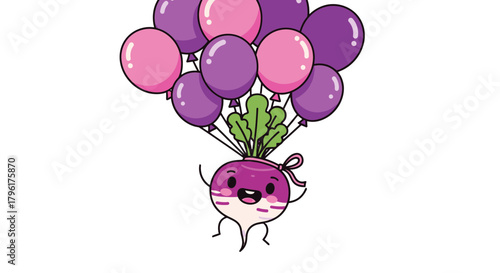 A Cheerful Radish Takes Flight With Balloons Against a Simple Black Background