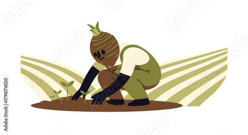 A Gardener Planting Sprouts in a Field Illustration with Minimalistic Cartoon Styling