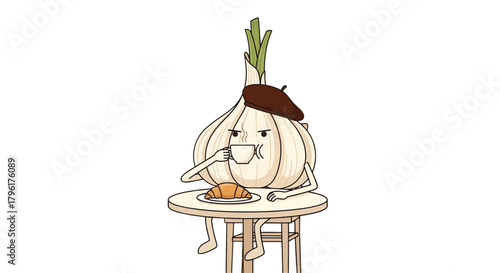 A Garlic Character Enjoying Coffee and Croissant In A French Bistro Setting