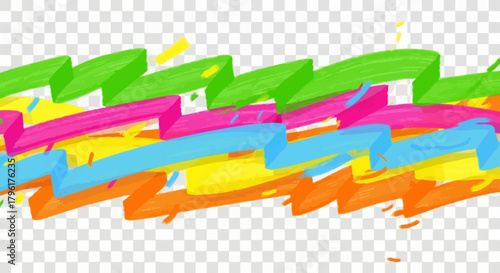 Abstract vector art, confetti ribbons, and curved shapes in a chaotic but balanced horizontal composition. Vibrant, contrasting colors. Textured brush effect. Clean vector graphics