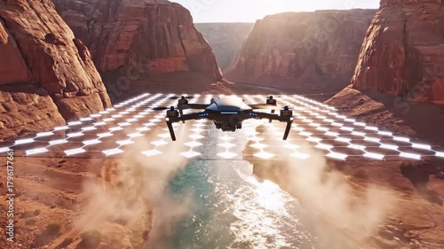 Drone flies over water, between cliffs, and above a platform of hexagonal lights