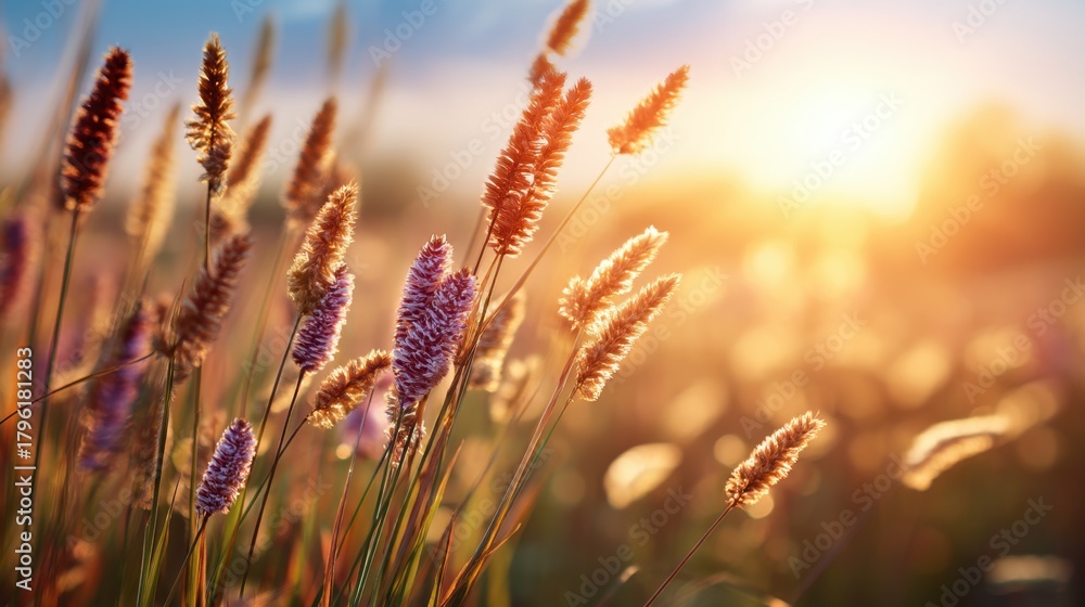 Obraz premium Serene Meadow at Dusk with Soft Focus on Wildflowers and Gentle Sunset in the Background Highlighting Nature's Calming Beauty and Tranquility