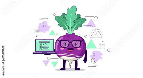 A Smart Radish Holding a Computer With Code on a Black Stylish Illustrated Background