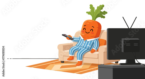 A Smiling Carrot Comfortably Watching Television And Holding a Remote Control