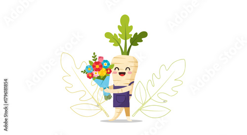 A Smiling Cartoon Parsnip Holding a Bouquet of Colorful Flowers, Illustration