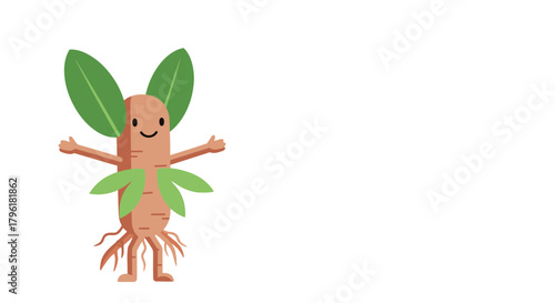 A Smiling Cartoon Rooted Character with Arms Open on a Black Background for Design