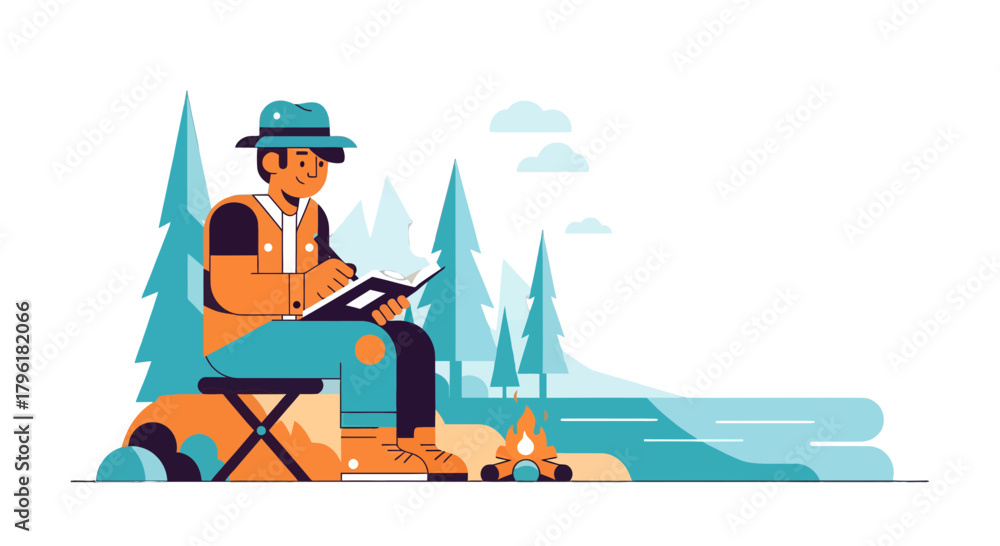 Fototapeta premium A Person Drawing In A Notebook During a Camping Experience in Nature