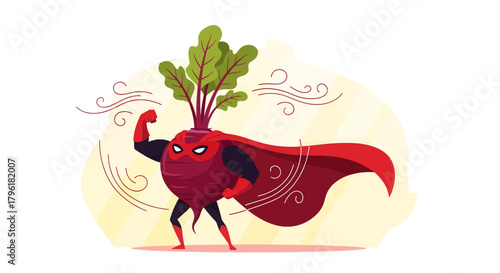A Superheroic Beetroot Character Flexing Muscles In A Red Superhero Costume Victory Display