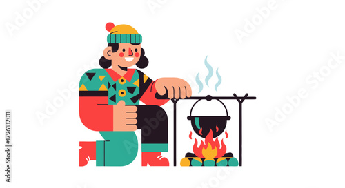 A Person Cooking Over Campfire in the Outdoors, Minimalist and Vibrant Illustration Design