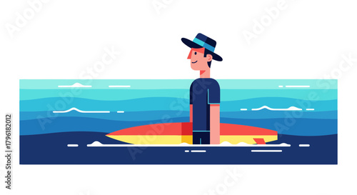 A Surfer Stands On His Board In The Vast Ocean During A Sunny Day