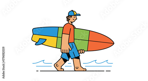 A Surfer Walks On The Beach With His Colorful Surfboard Illustration
