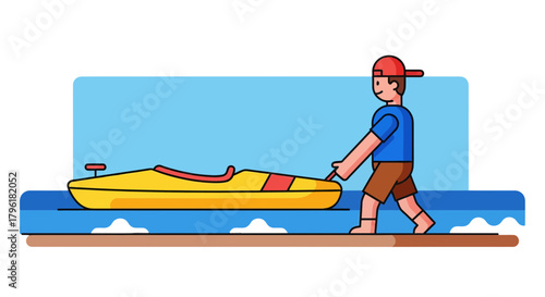 A Person Drags A Personal Watercraft Towards The Beach in A Flat, Minimalist Style