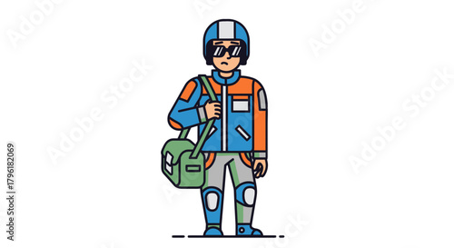 A Person Dressed In Futuristic Clothes With Helmet And Bag, Modern Illustration Vector