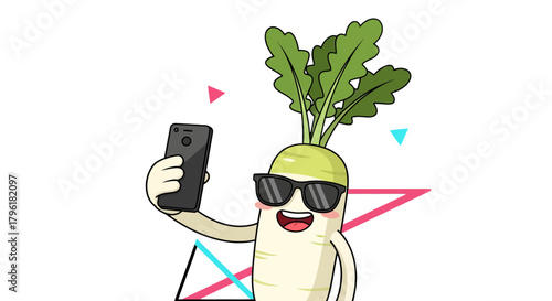 A Trendy Radish Taking a Selfie Demonstrating Modern Digital Communication in a Fun Way