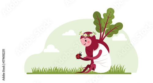 A Whimsical Illustration Depicting a Beetroot Character Admiring a Ladybug in Nature