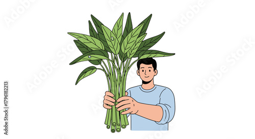 A Person Holding Water Spinach Against a stark black backdrop