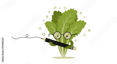A Whimsical Illustration Of A Lettuce Character Holding A Pencil For Learning