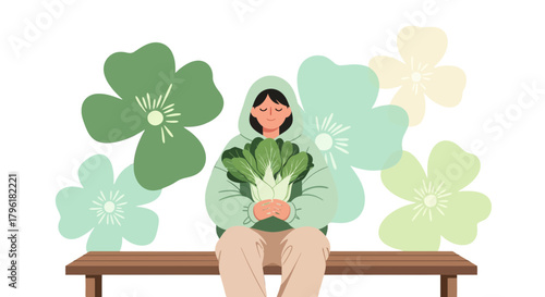A Person Holding Fresh Greens While Sitting On Bench Surrounded By Floral Elements