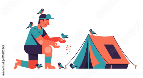 A Person Interacts With Birds While Camping Near Their Tent In A Peaceful Place