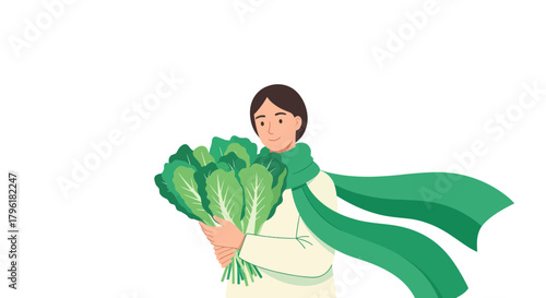 A Person Holding Green Salad Leaves with a Green Scarf on a Black Background