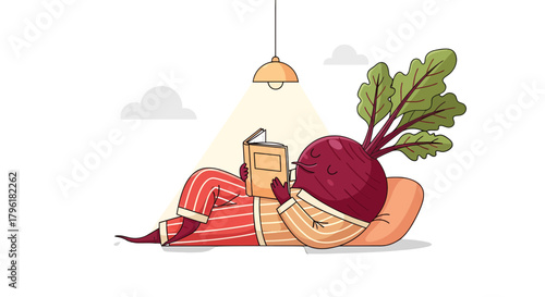 A Whimsical Illustration Of Beetroot Character Relaxing And Reading Under A Cozy Lamp