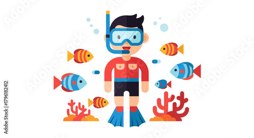 A Young Diver Exploring Underwater Marine Life Amongst Colorful Fishes and Coral