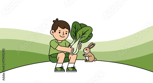 A Young Boy Shares Fresh Produce With A Curious, Adorable Bunny Friend, A Delightful Scene