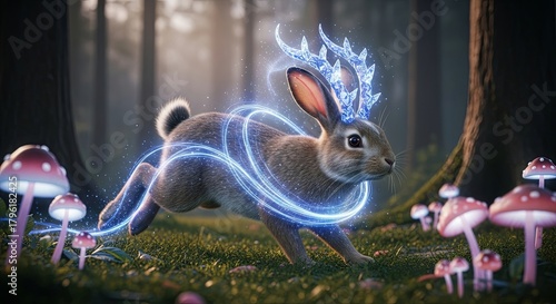 Enchanted Rabbit in a Mystical Forest with Glowing Antlers.