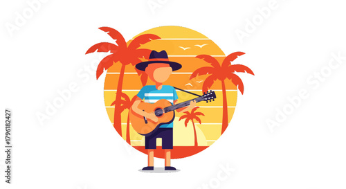 A Person Playing Guitar on a Tropical Beach With Stylized Palms and Sunset Background