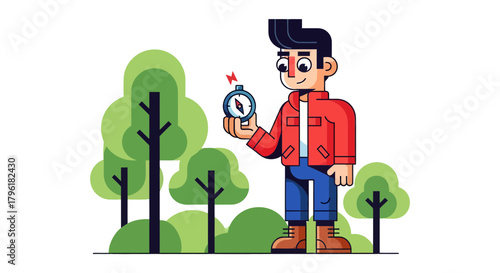 A Young Explorer Holding A Compass While Standing Amongst Trees In Nature