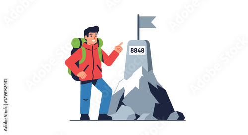 A Person Reaching The Top Of The Mountain, Adventure and Success Concept Illustration