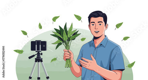 A Person Records a Video About Vegetables in a Minimalist Illustrated Style