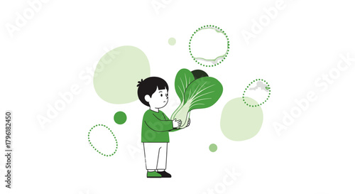 A Young Person Holding Fresh Bok Choy Against a Black Background Illustration